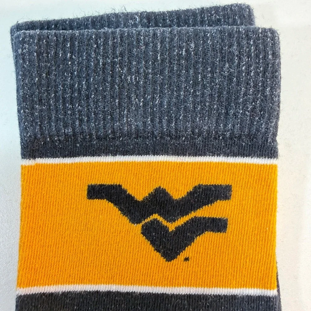 West Virginia University Crew Socks Adult OSFM Gold Navy Blue Striped WVU Logo